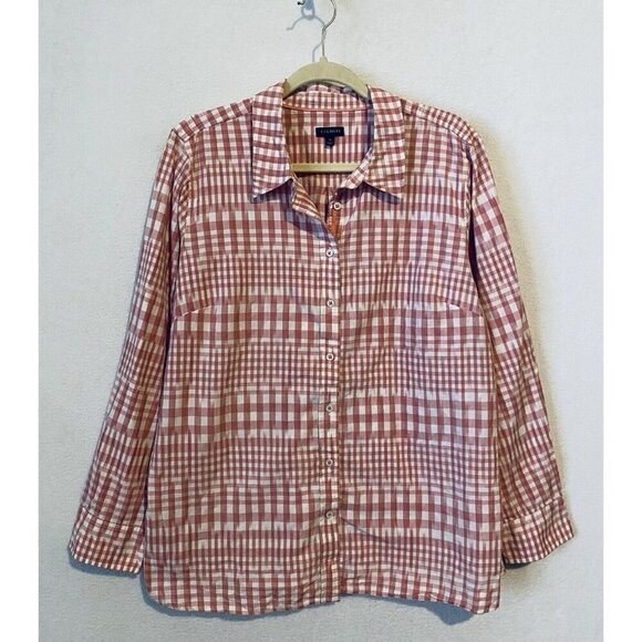 Talbots Top Womens XL Pink Plaid Striped Long Sleeve Button Up Cottagecore - Picture 1 of 6